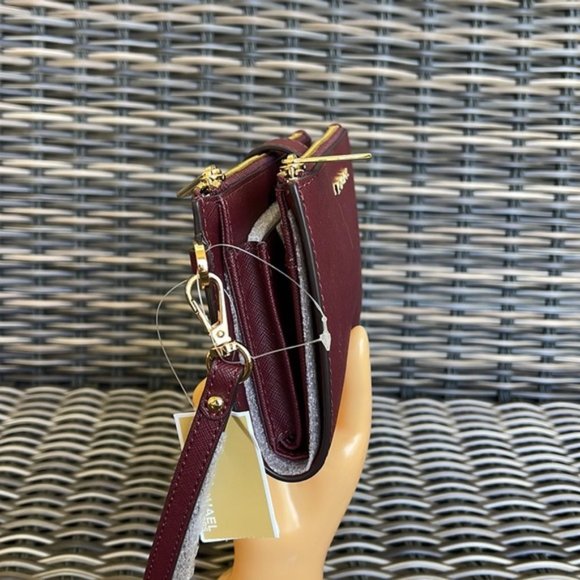 Michael Kors Jet Set Travel Large Double Zip Wristlet Wallet Dark Cherry Leather - Picture 4 of 15